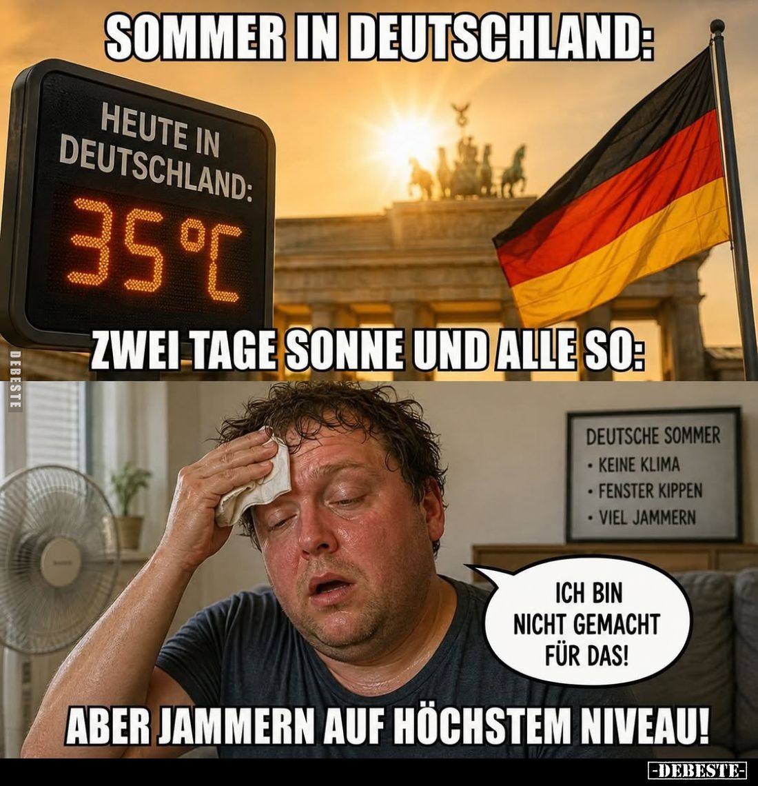 Sommer in Deutschland:
Heute in Deutschland: 35 °C
Zwei Tage Sonne und alle so:
Ich bin nicht gemacht für das!
Aber jamme...