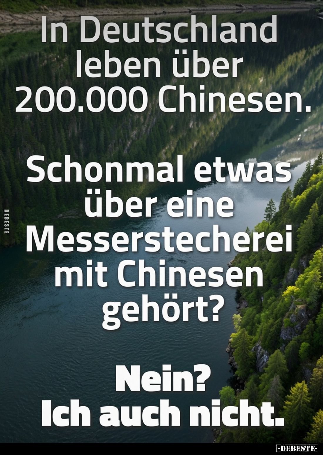 In Deutschland leben über 200.000 Chinesen. Schonmal etwas über eine Messerstecherei mit Chinesen gehört? Nein? Ich auch nich...