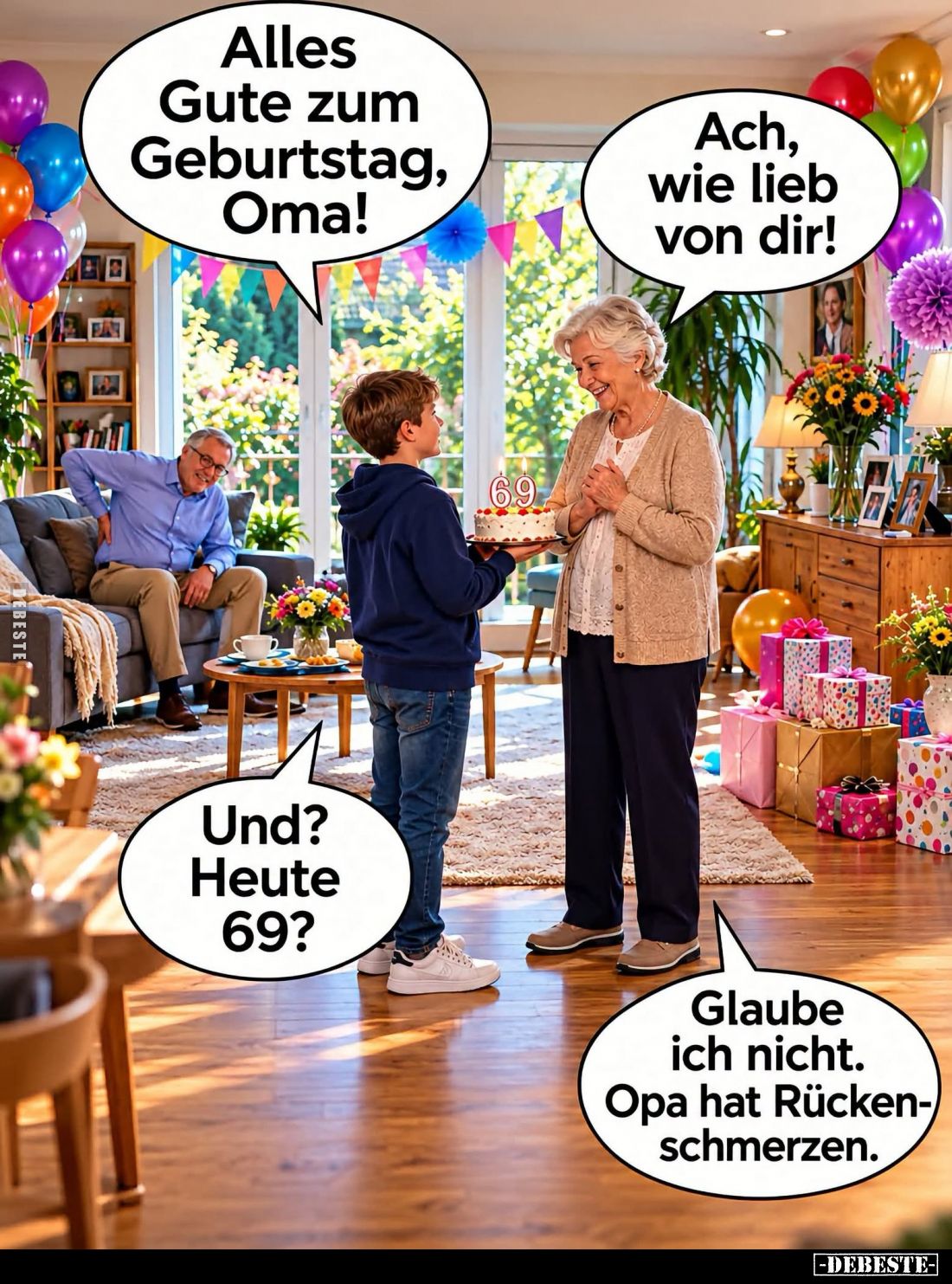Alles Gute zum Geburtstag, Oma! -
Ach, wie lieb von dir!
-
Und? Heute 69? -
Glaube ich nicht.
Opa hat Rückenschmerzen.