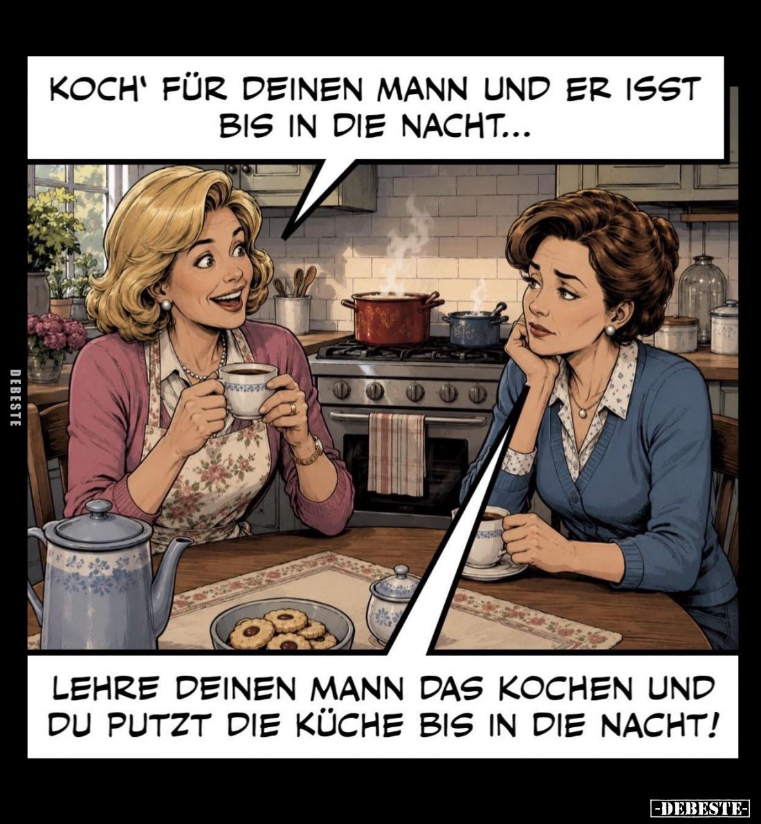 Koch' für deinen Mann und er isst bis in die Nacht... -
Lehre deinen Mann das Kochen und du putzt die Küche bis in die Nacht...