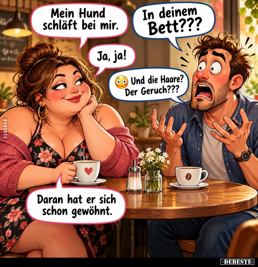 Mein Hund schläft bei mir. -
In deinem Bett??? -
Ja, ja! -
Und die Haare? Der Geruch??? -
Daran hat er sich schon gewöhnt...