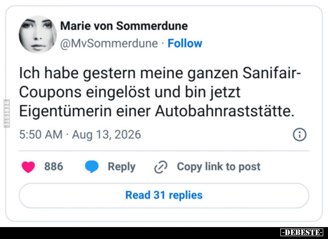 Ich habe gestern meine ganzen Sanifair-Coupons eingelöst und bin jetzt Eigentümerin einer Autobahnraststätte.