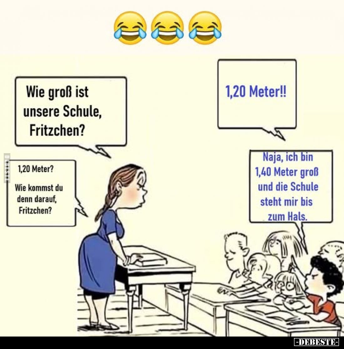 Wie groß ist unsere Schule, Fritzchen?
1,20 Meter!!
1,20 Meter?
Wie kommst du denn darauf, Fritzchen?
Naja, ich bin 1,40 ...