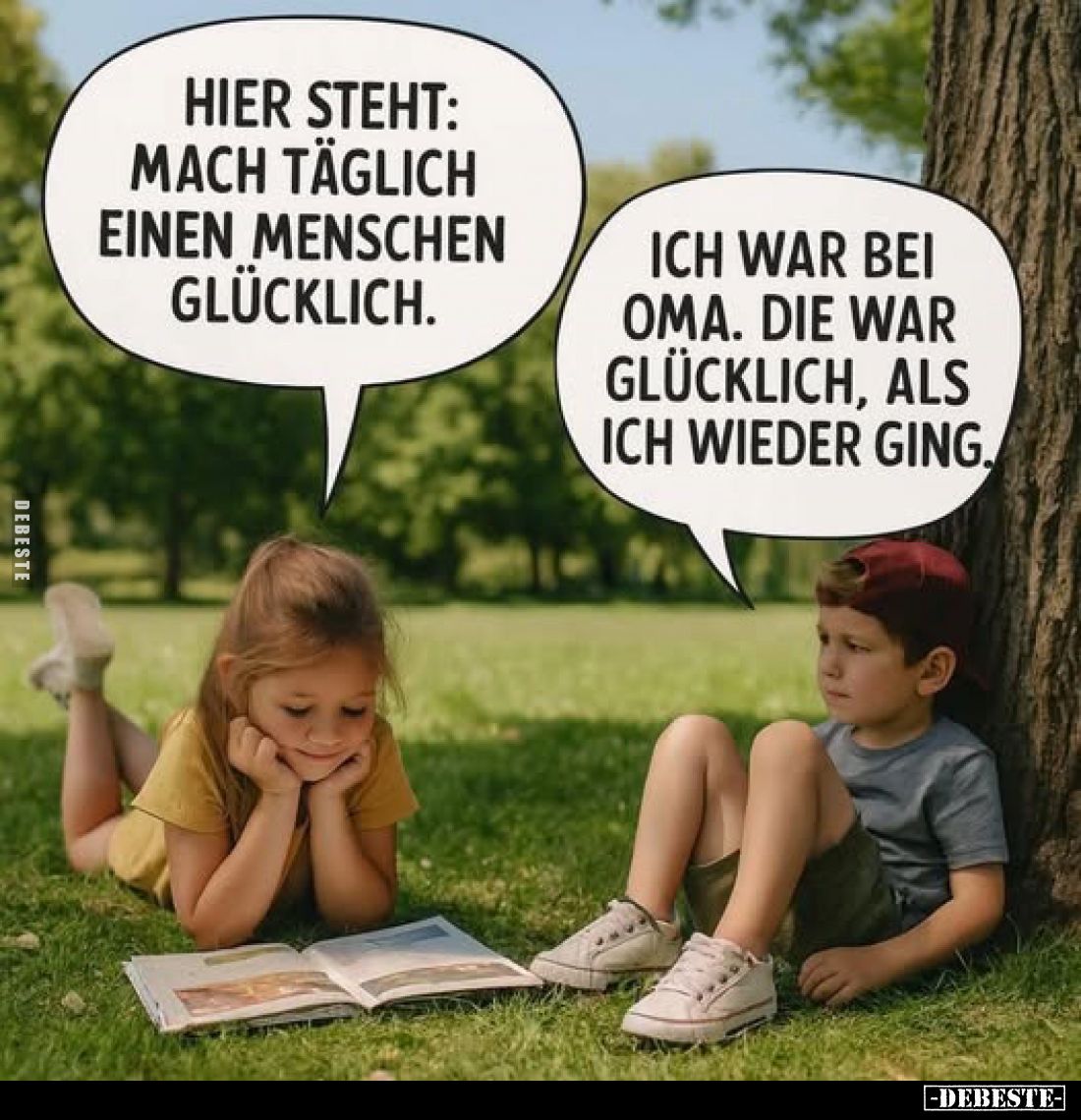 Hier steht: Mach täglich einen Menschen glücklich.
-
Ich war bei Oma. Die war glücklich, als ich wieder ging.