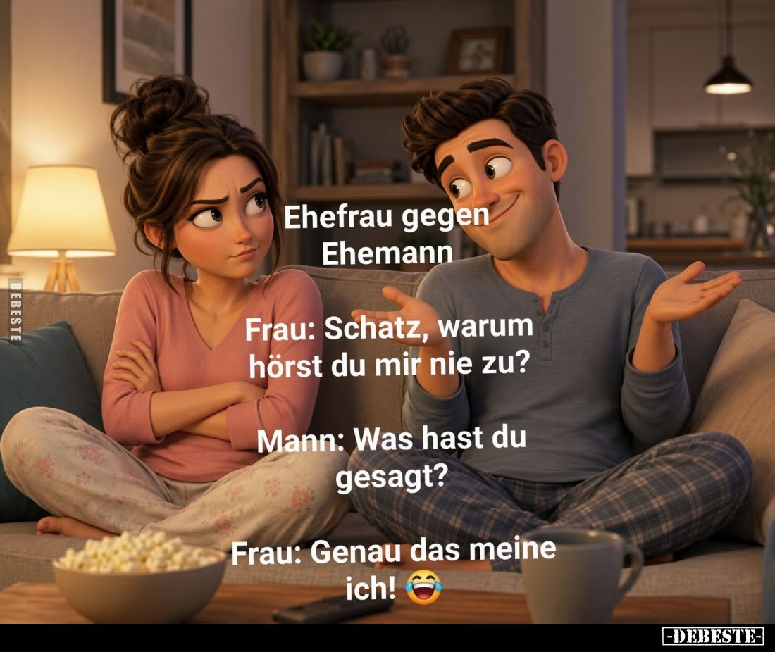 Ehefrau gegen Ehemann.

Frau: Schatz, warum hörst du mir nie zu?

Mann: Was hast du gesagt?

Frau: Genau das meine ich!