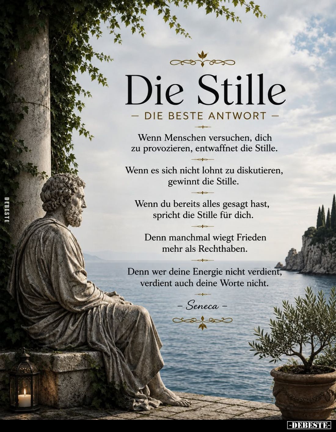 Die Stille
-
DIE BESTE ANTWORT
-
Wenn Menschen versuchen, dich zu provozieren, entwaffnet die Stille.
Wenn es sich nicht...