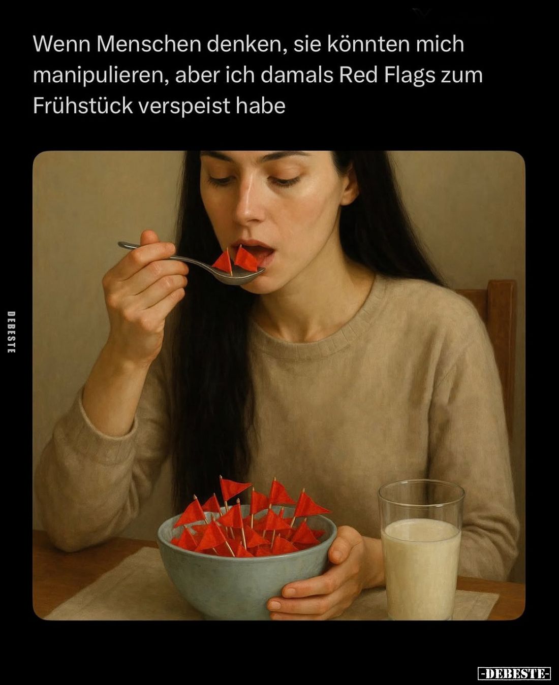 Wenn Menschen denken, sie könnten mich manipulieren, aber ich damals Red Flags zum Frühstück verspeist habe.