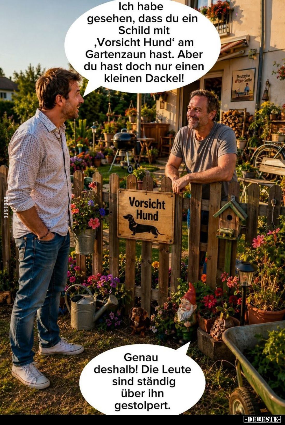 Ich habe gesehen, dass du ein Schild mit 'Vorsicht Hund' am Gartenzaun hast. Aber du hast doch nur einen kleinen Dackel! - Ge...