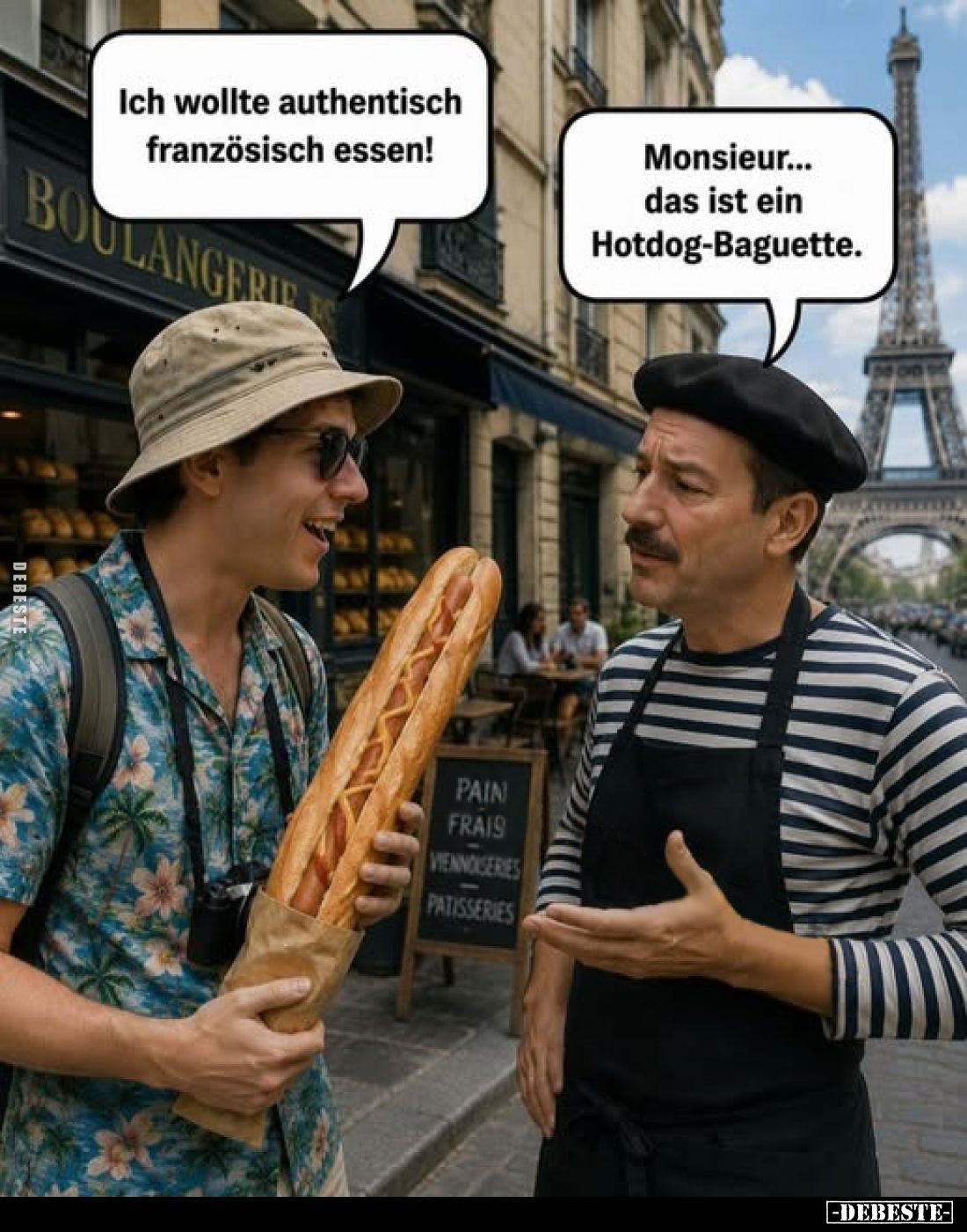 Ich wollte authentisch französisch essen!
Monsieur... das ist ein Hotdog-Baguette.