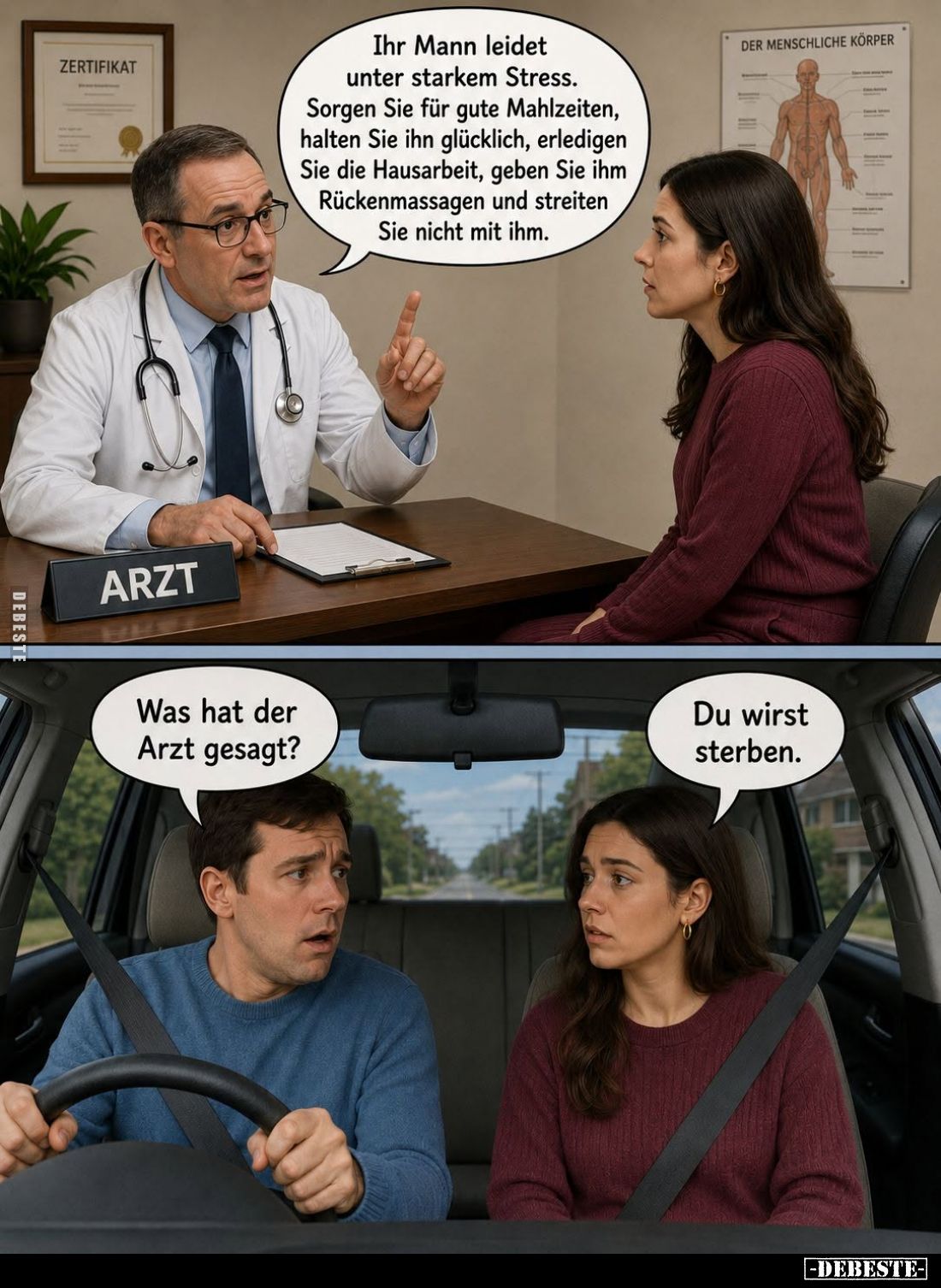 Ihr Mann leidet unter starkem Stress.
Sorgen Sie für gute Mahlzeiten, halten Sie ihn glücklich, erledigen Sie die Hausarbeit...