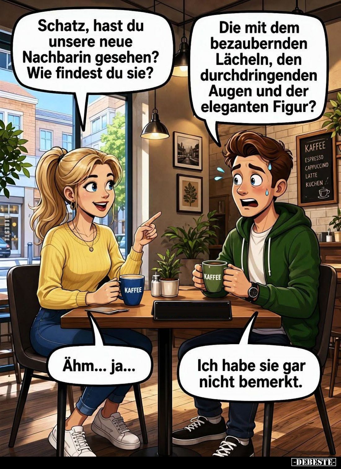 Schatz, hast du unsere neue Nachbarin gesehen? Wie findest du sie? -
Die mit dem bezaubernden Lächeln, den durchdringenden A...