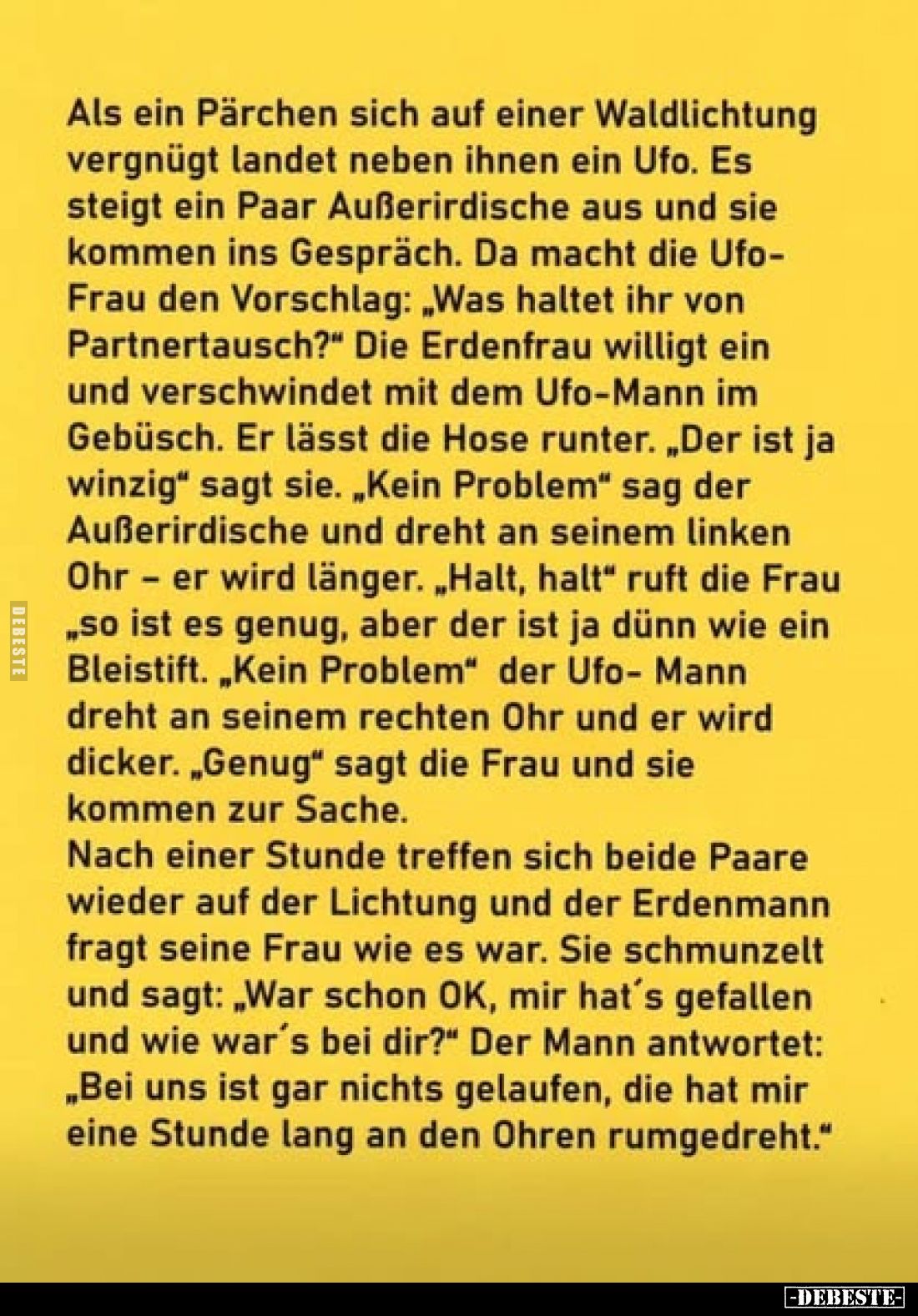 Als ein Pärchen sich auf einer Waldlichtung vergnügt landet neben ihnen ein Ufo. Es steigt ein Paar Außerirdische aus und sie...