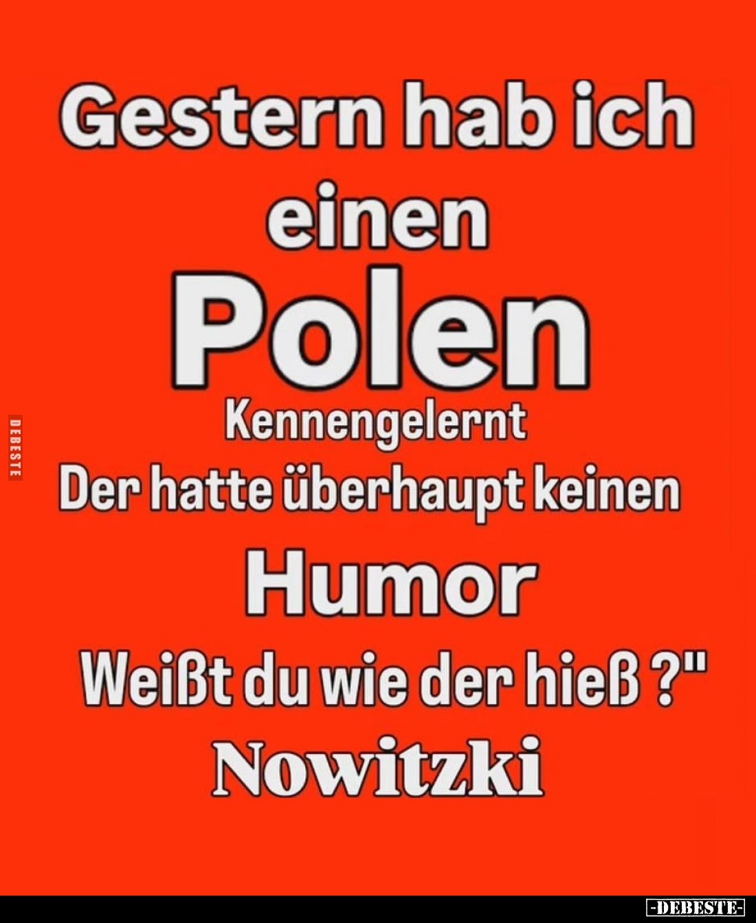 Gestern hab ich einen Polen kennengelernt der hatte überhaupt keinen Humor. Weißt du wie der hieß? -
Nowitzki.