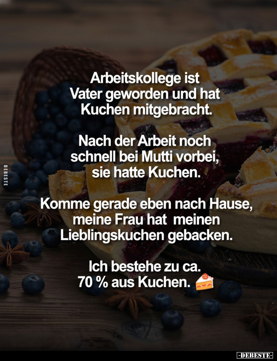 Arbeitskollege ist Vater geworden und hat Kuchen mitgebracht.
Nach der Arbeit noch schnell bei Mutti vorbei, sie hatte Kuche...
