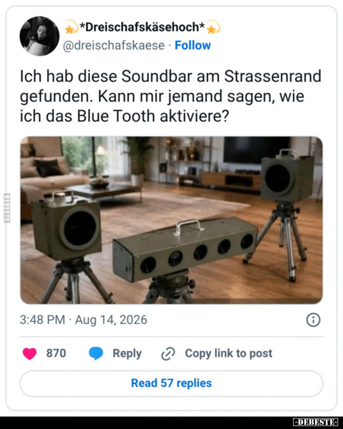 Ich hab diese Soundbar am Strassenrand gefunden.
Kann mir jemand sagen, wie ich das Blue Tooth aktiviere?
