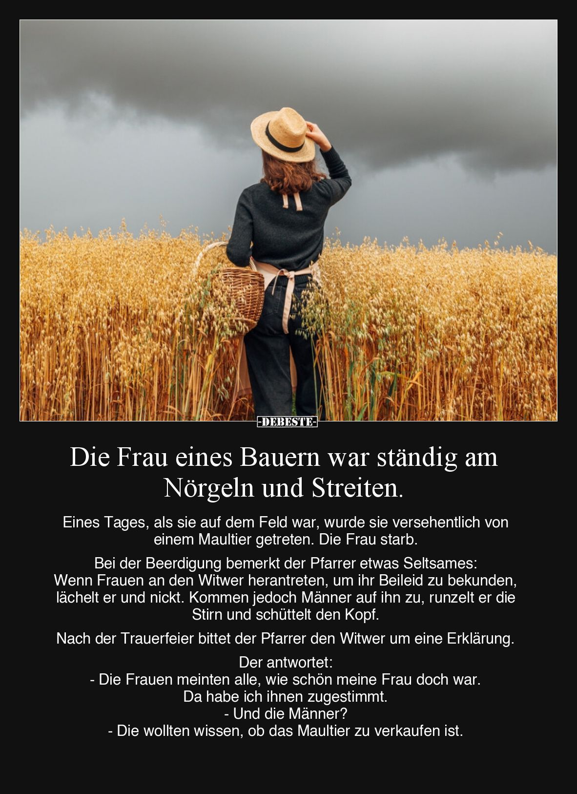 Die Frau eines Bauern war ständig am Nörgeln und Streiten.

Eines Tages, als sie auf dem Feld war, wurde sie versehentlich ...