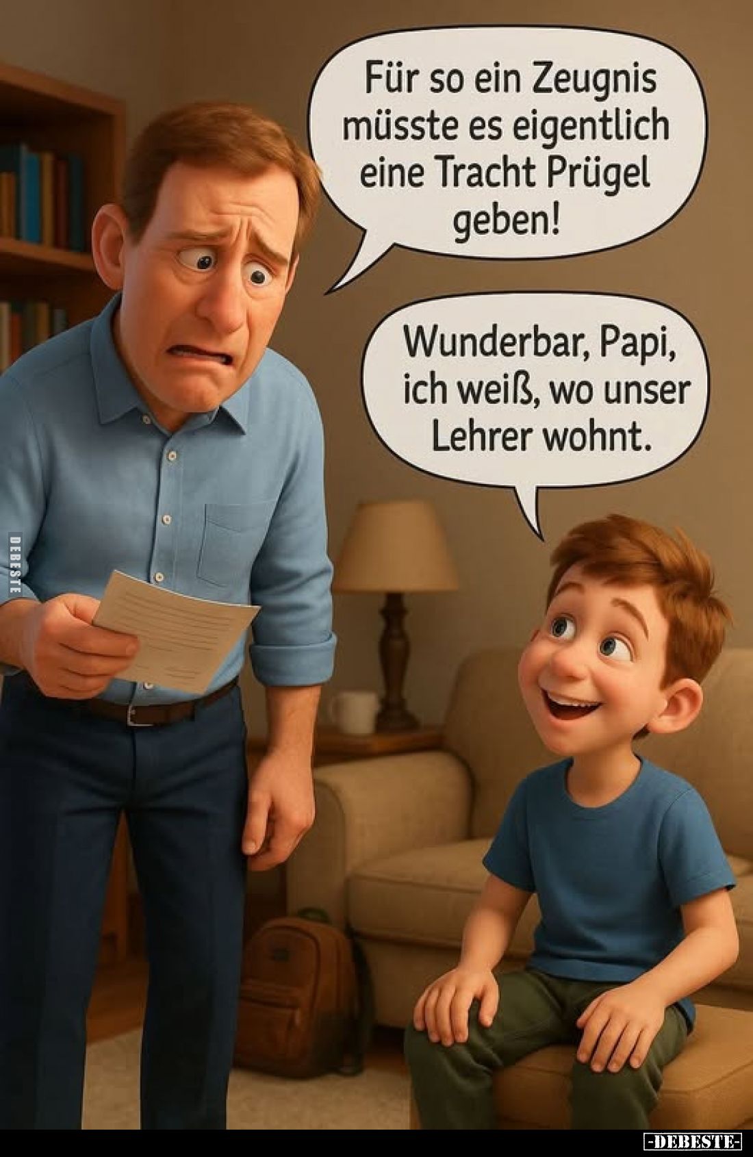 Für so ein Zeugnis müsste es eigentlich eine Tracht Prügel geben! -
Wunderbar, Papi, ich weiß, wo unser Lehrer wohnt.