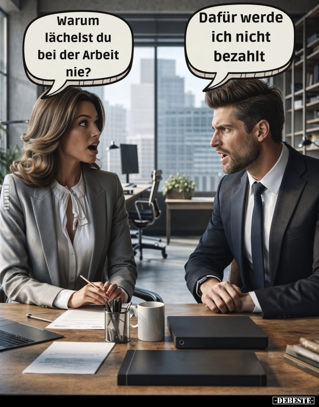 Warum lächelst du bei der Arbeit nie?
Dafür werde ich nicht bezahlt.