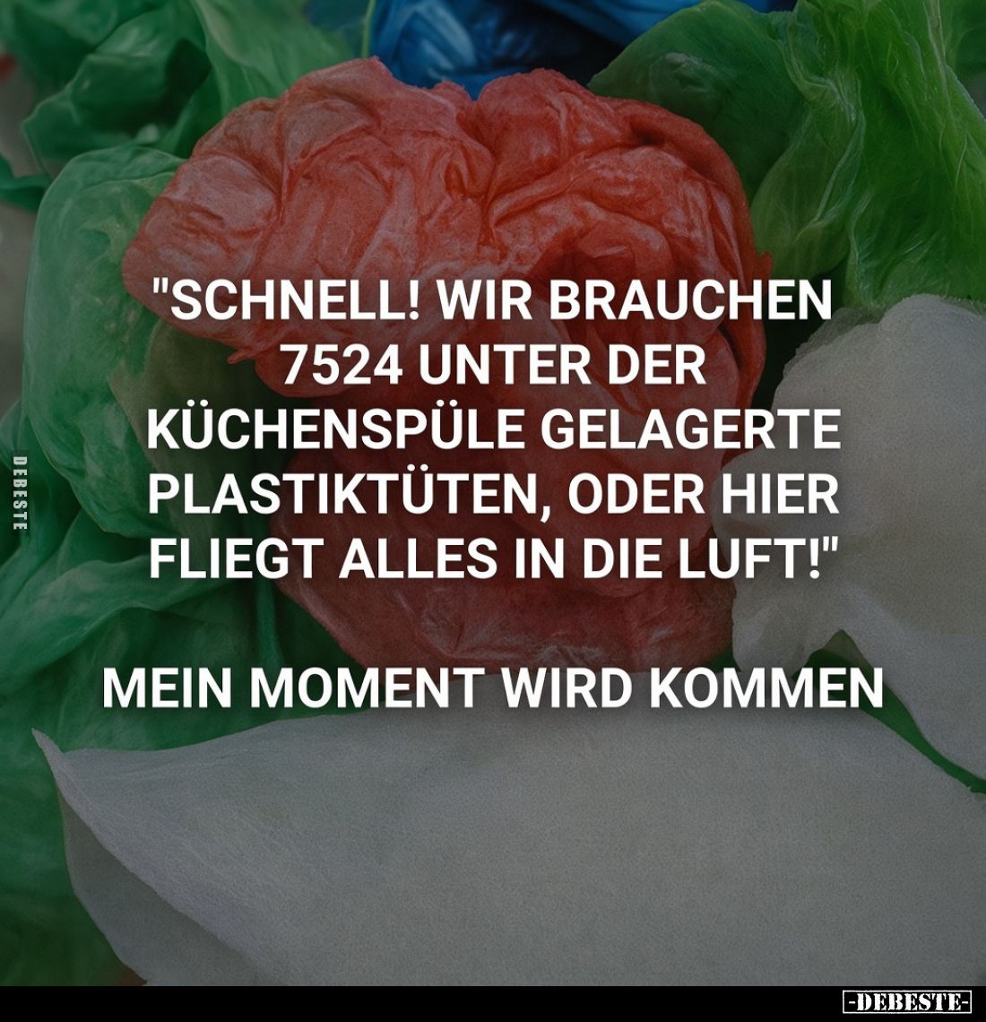 "Schnell! Wir brauchen 7524 unter der Küchenspüle gelagerte Plastiktüten, oder hier fliegt alles in die Luft!"
M...