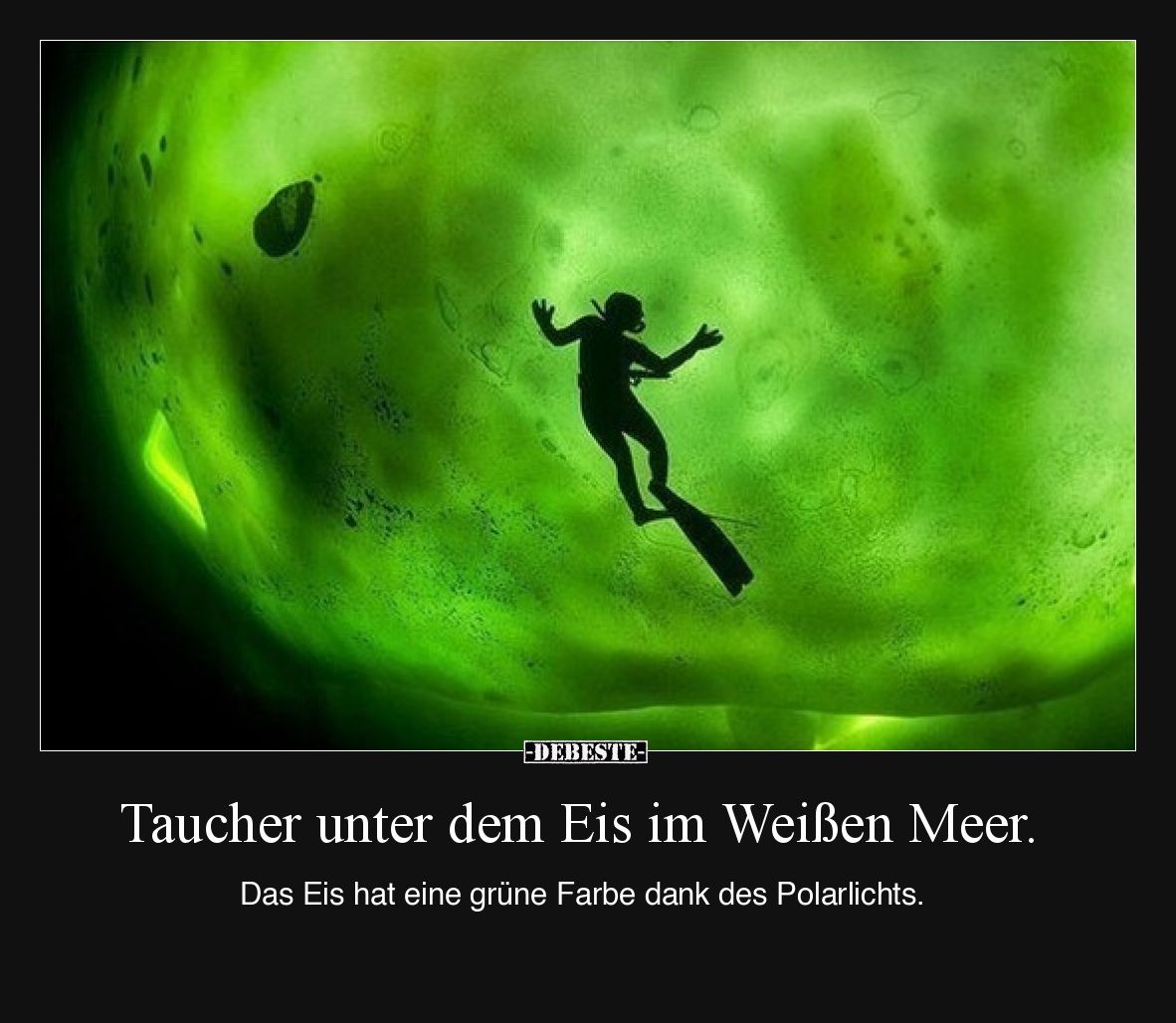Taucher unter dem Eis im Weißen Meer.
Das Eis hat eine grüne Farbe dank des Polarlichts.