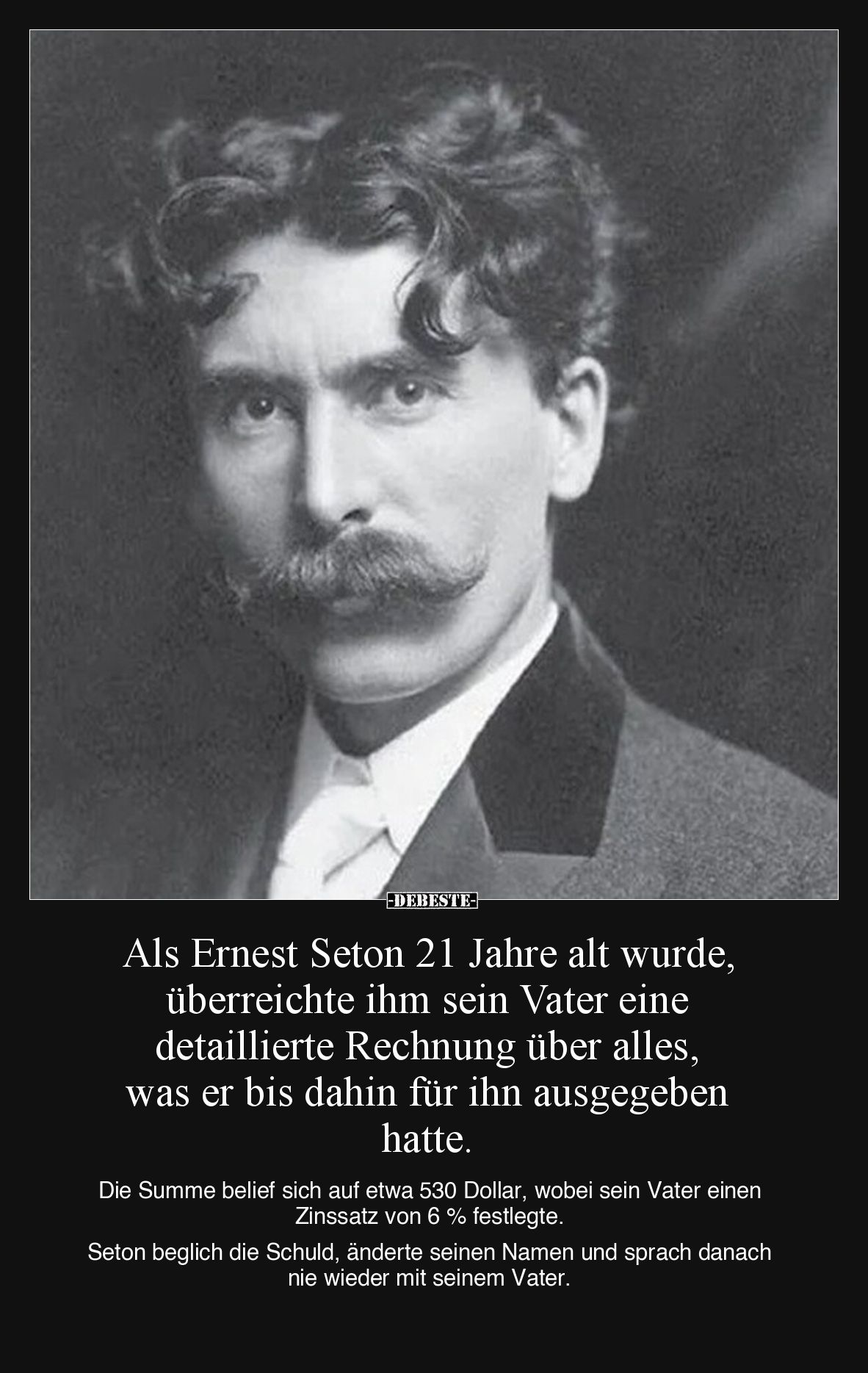 Als Ernest Seton 21 Jahre alt wurde, überreichte ihm sein Vater eine detaillierte Rechnung über alles, was er bis dahin für i...