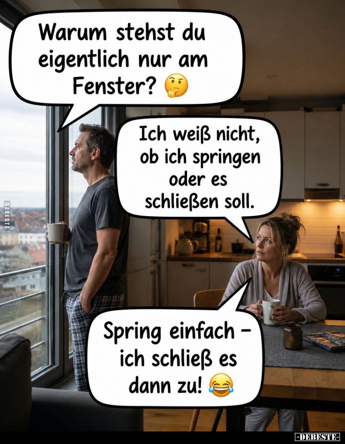 Warum stehst du eigentlich nur am Fenster? -
Ich weiß nicht, ob ich springen oder es schließen soll. -
Spring einfach - ich...