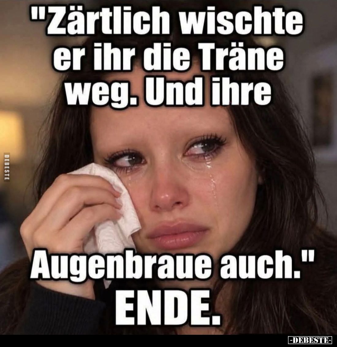"Zärtlich wischte er ihr die Träne weg. Und ihre Augenbraue auch."

ENDE.