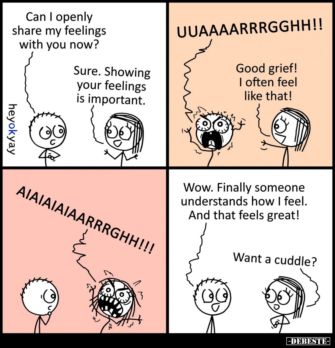 Can I openly share my feelings with you now? -
Sure. Showing your feelings is important. - Good grief! I often feel like tha...