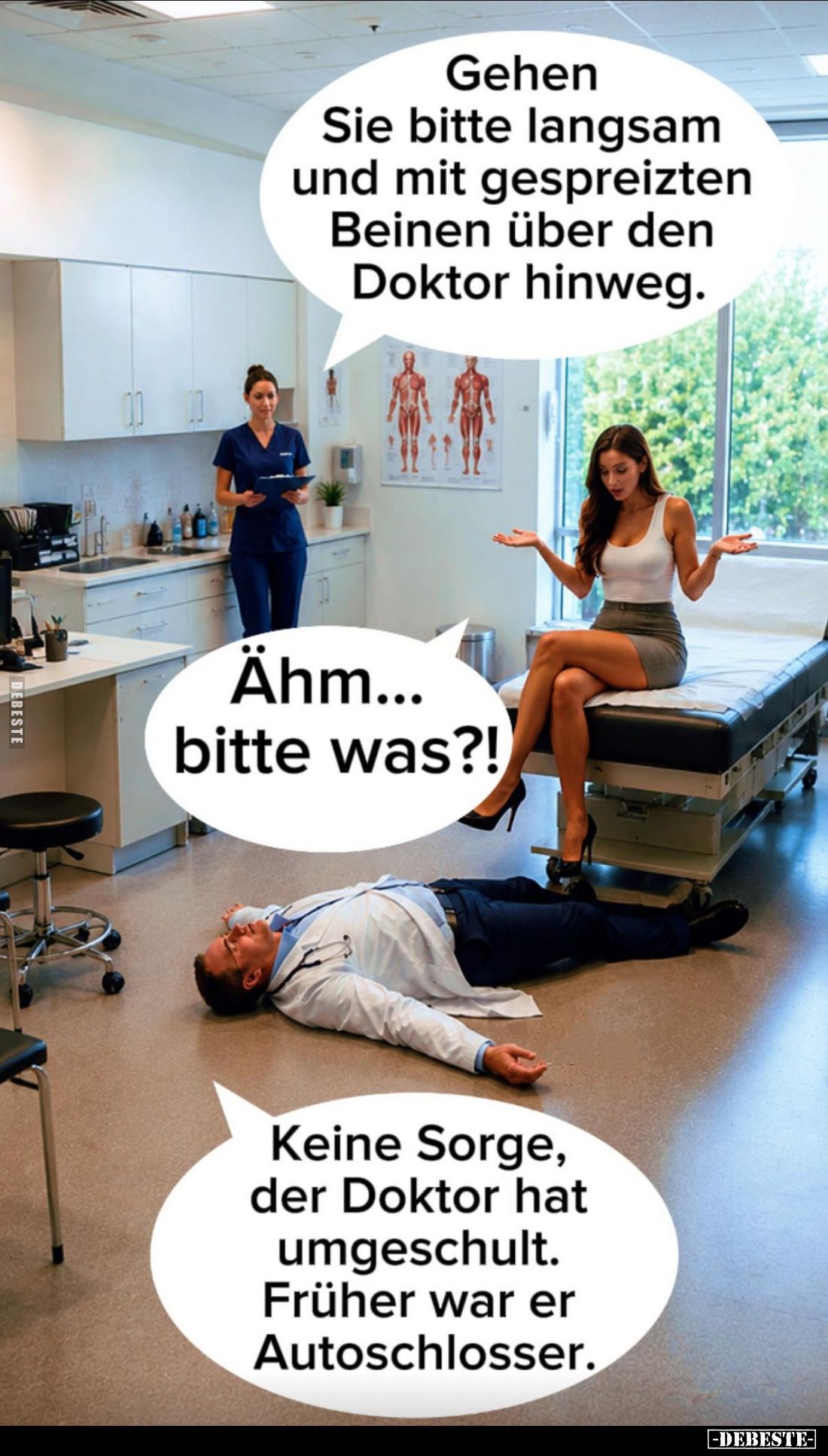 Gehen Sie bitte langsam und mit gespreizten Beinen über den Doktor hinweg. -
Ähm... bitte was?! -
Keine Sorge, der Doktor h...