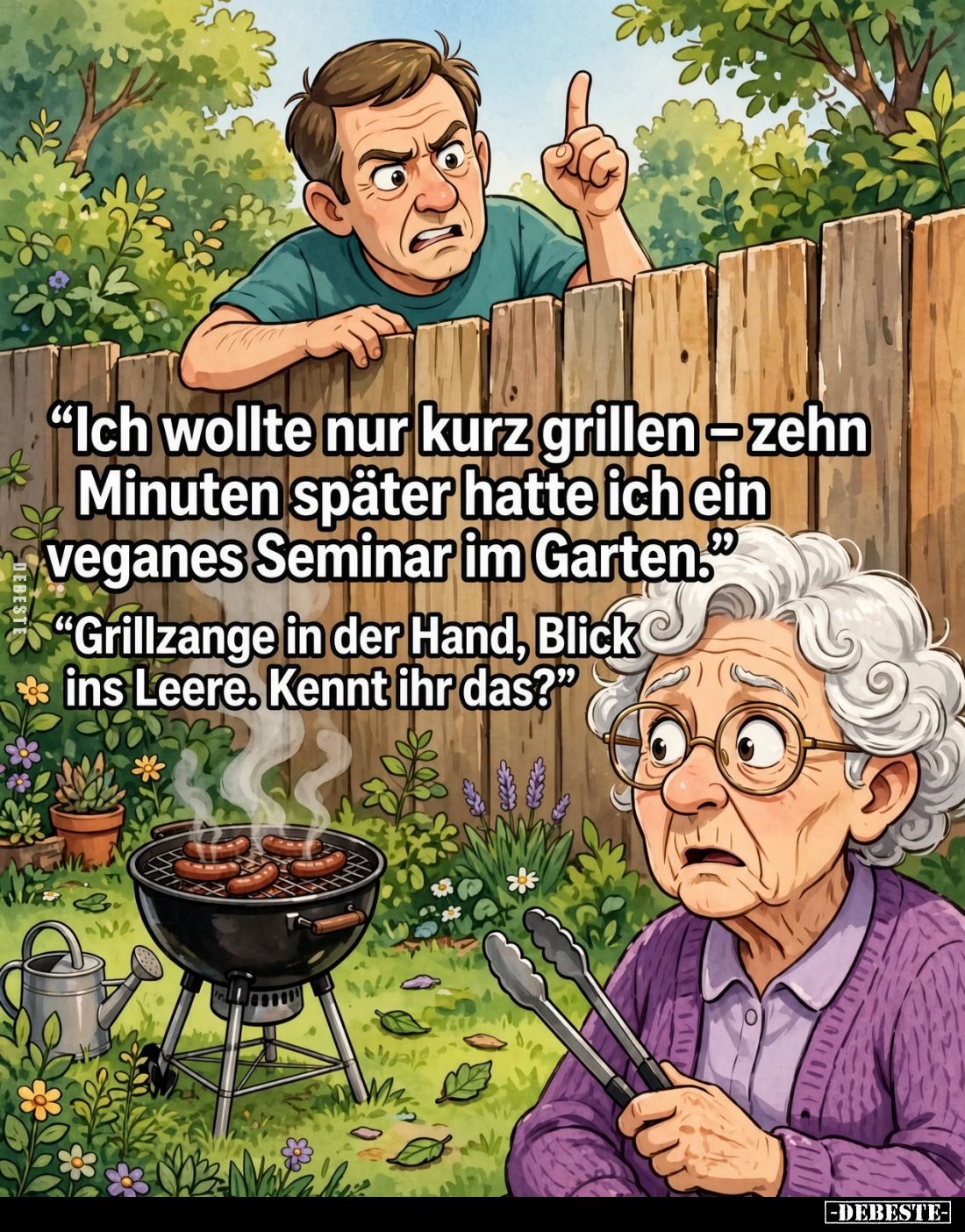 "Ich wollte nur kurz grillen - zehn Minuten später hatte ich ein veganes Seminar im Garten." -
"Grillzange in...