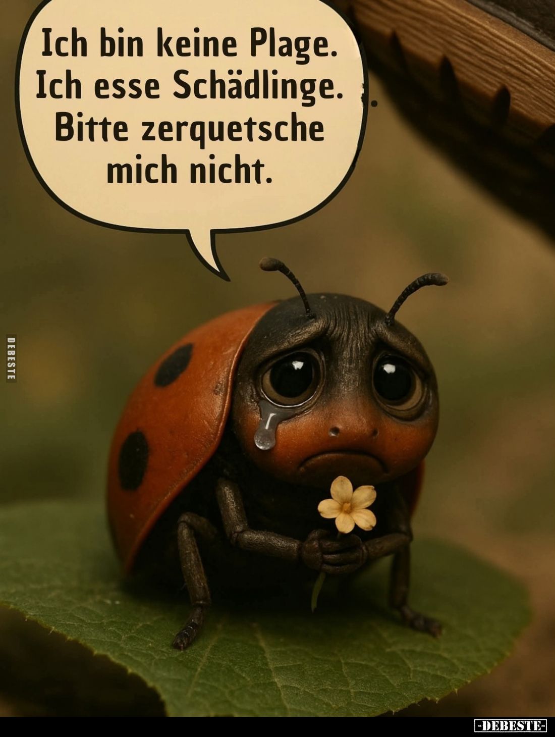 Ich bin keine Plage.
Ich esse Schädlinge.
Bitte zerquetsche mich nicht.