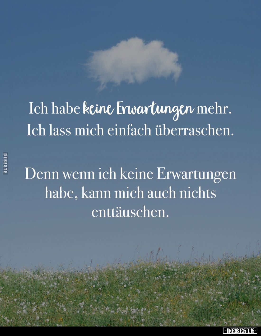 Ich habe keine Erwartungen mehr. Ich lass mich einfach überraschen.
Denn wenn ich keine Erwartungen habe, kann mich auch nic...