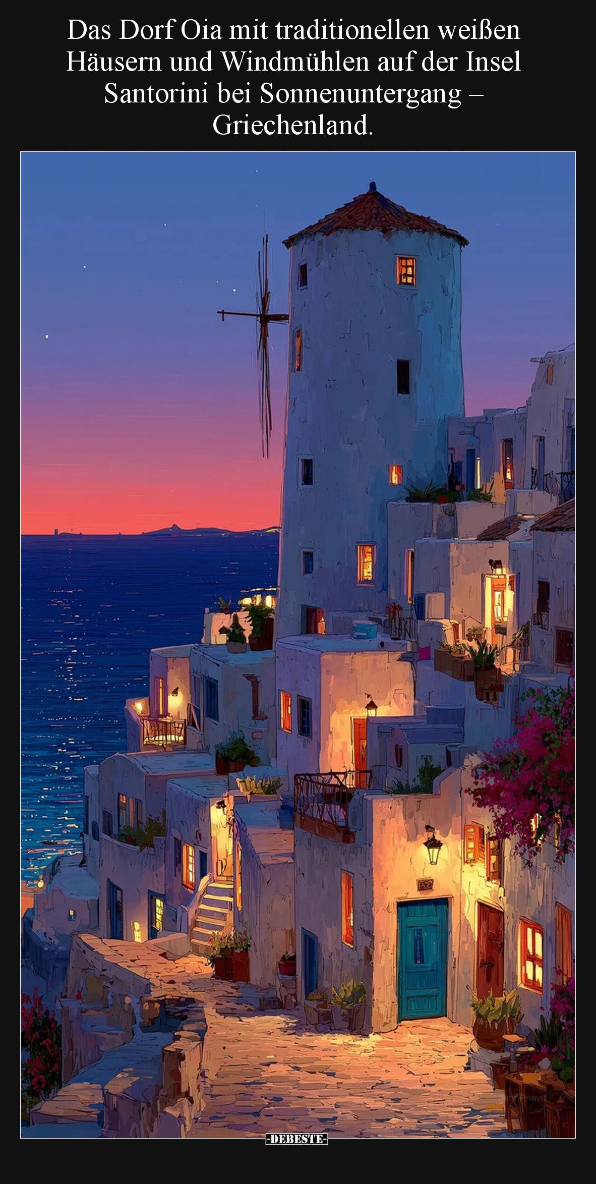 Das Dorf Oia mit traditionellen weißen Häusern und Windmühlen auf der Insel Santorini bei Sonnenuntergang – Griechenland.