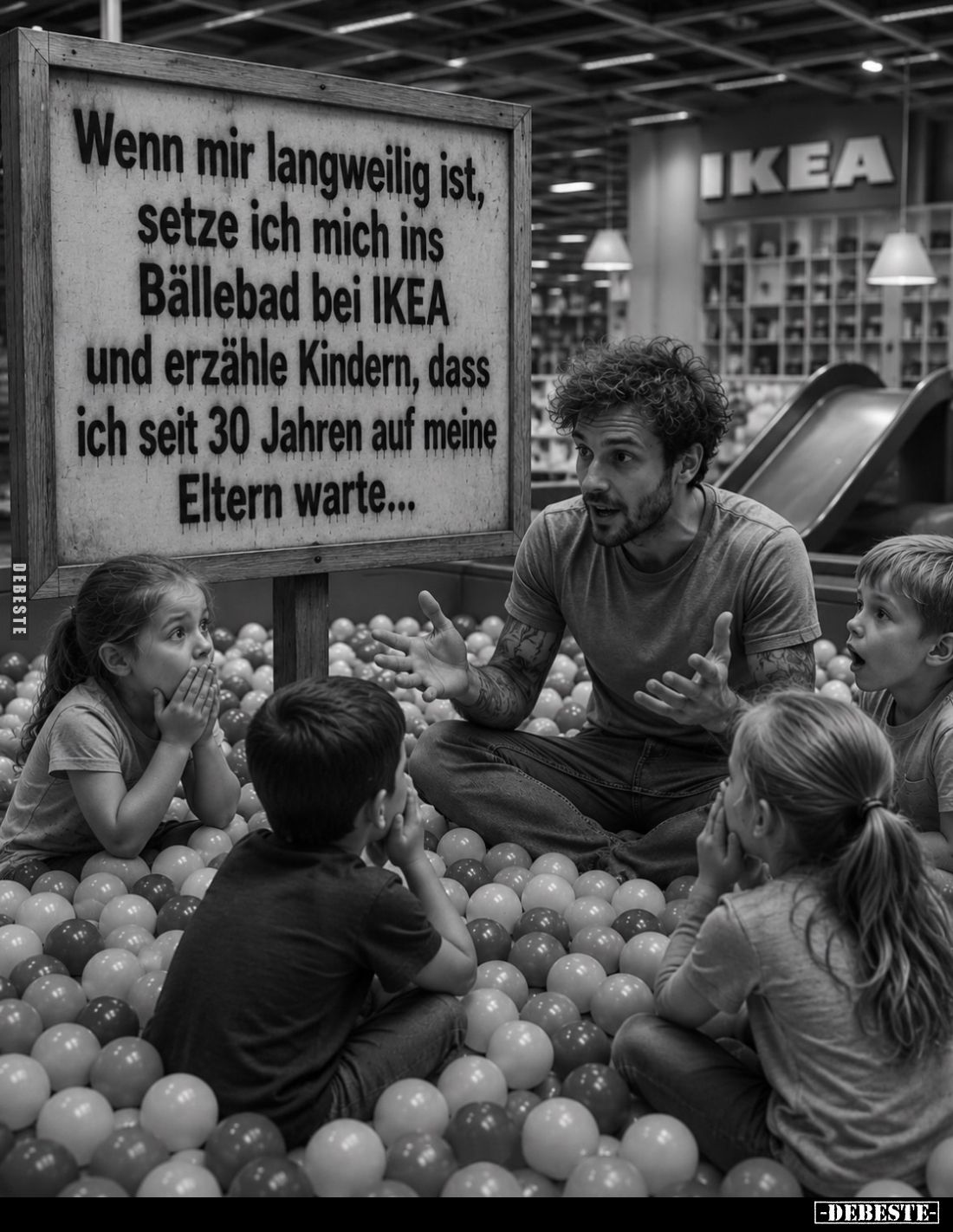 Wenn mir langweilig ist, setze ich mich ins Bällebad bei IKEA und erzähle Kindern, dass ich seit 30 Jahren auf meine Eltern w...