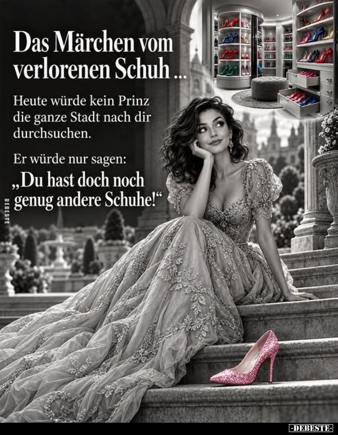 Das Märchen vom verlorenen Schuh...
Heute würde kein Prinz die ganze Stadt nach dir durchsuchen.
Er würde nur sagen:
„Du h...