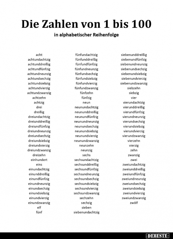 Die Zahlen von 1 bis 100 in alphabetischer Reihenfolge.. - Lustige Bilder | DEBESTE.de