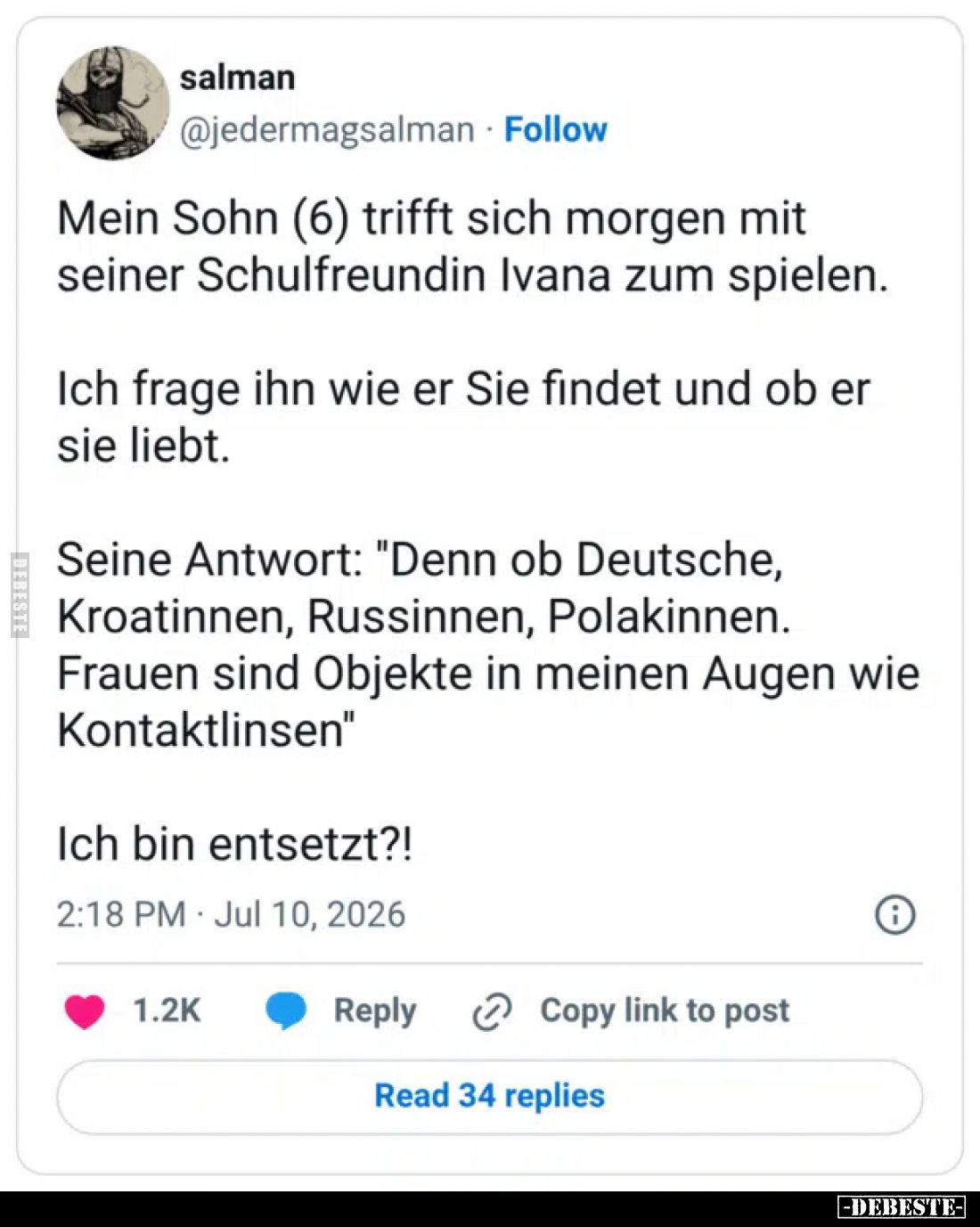 Mein Sohn (6) trifft sich morgen mit seiner Schulfreundin Ivana zum spielen.
Ich frage ihn wie er Sie findet und ob er sie...