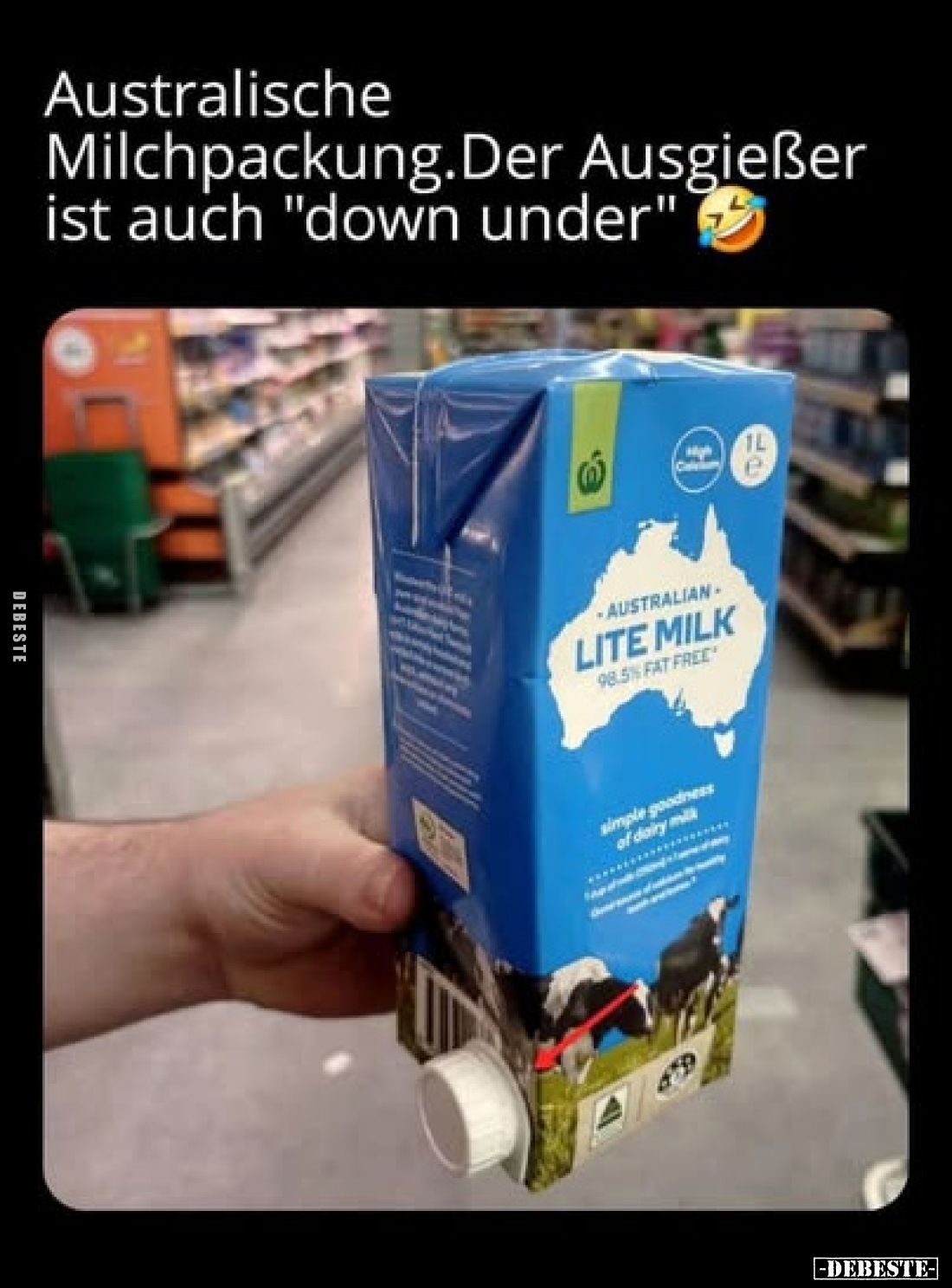 Australische Milchpackung. Der Ausgießer ist auch "down under"
