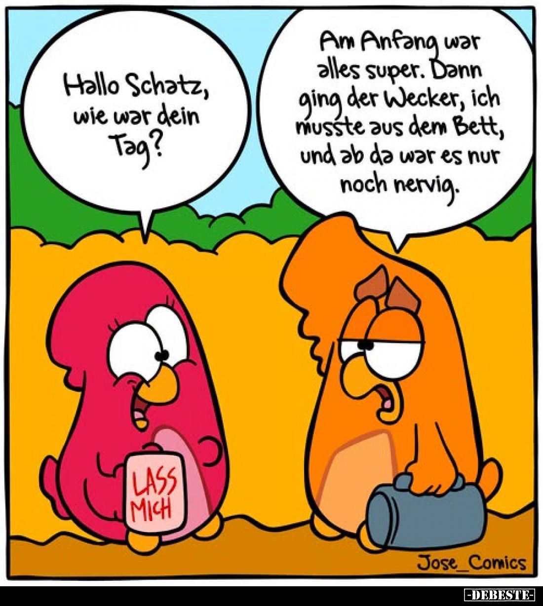 Hallo Schatz, wie war dein Tag?
Am Anfang war alles super. Dann ging der Wecker, ich musste aus dem Bett, und ab da war es n...