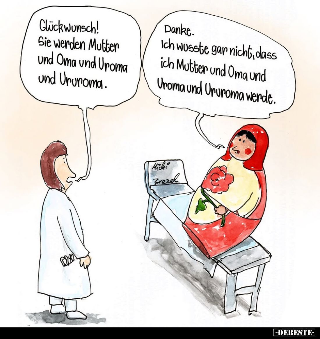 Glückwunsch! Sie werden Mutter und Oma und Uroma und Ururoma.
Danke. Ich wusste gar nicht, dass ich Mutter und Oma und Uroma...