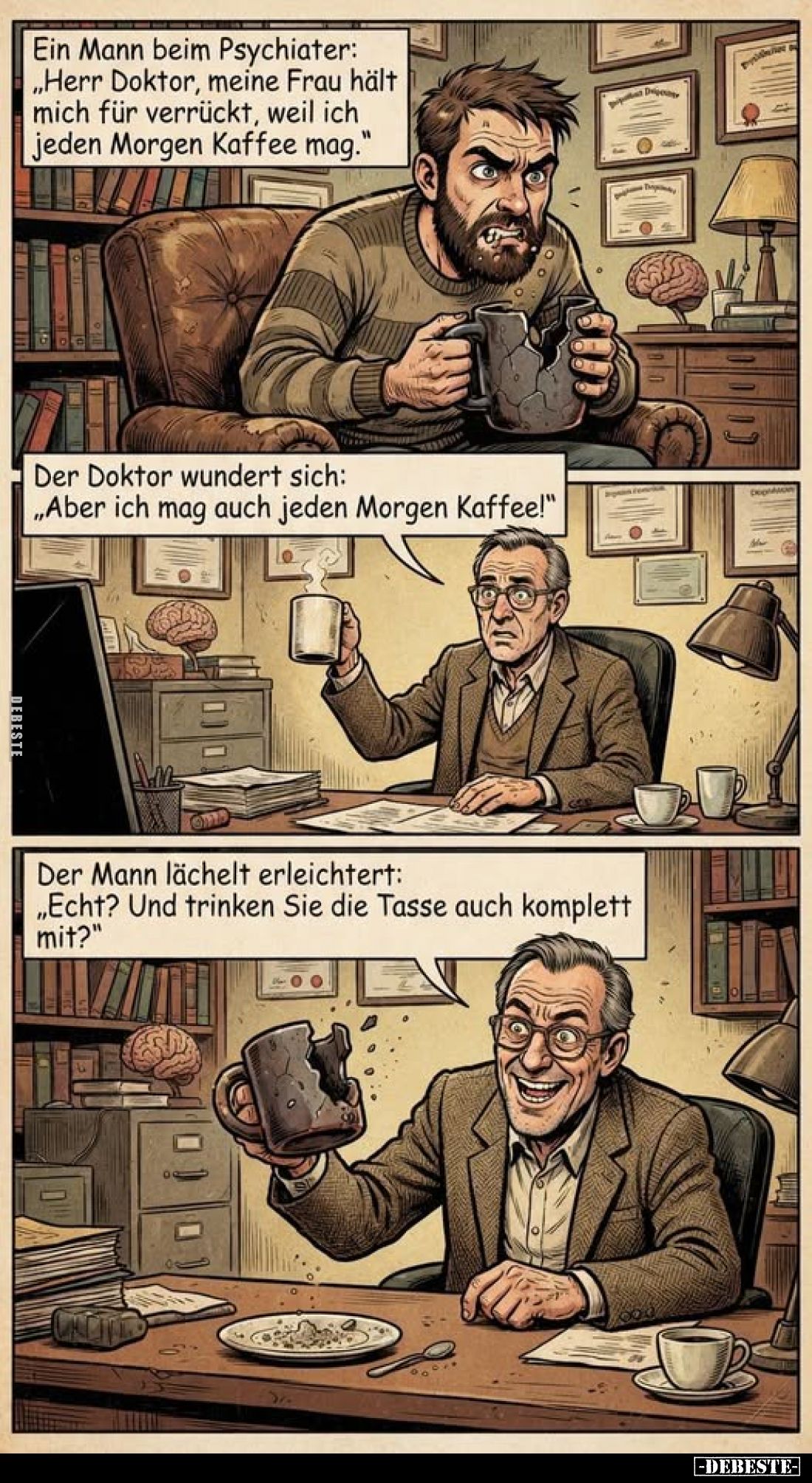 Ein Mann beim Psychiater: "Herr Doktor, meine Frau hält mich für verrückt, weil ich jeden Morgen Kaffee mag." -
De...