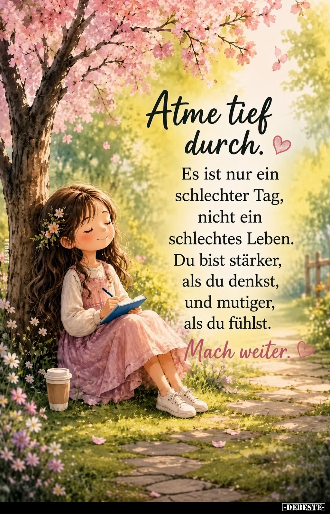 Atme tief durch.
Es ist nur ein schlechter Tag, nicht ein schlechtes Leben.
Du bist stärker, als du denkst, und mutiger, al...