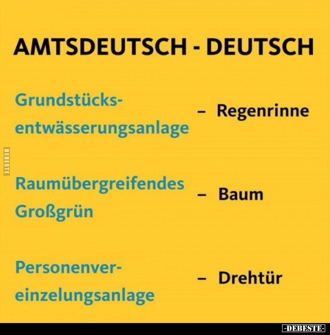 Amtsdeutsch vs Deutsch:
Grundstücksentwässerungsanlage
- Regenrinne;
Raumübergreifendes - Großgrün
- Baum;
Personenverei...