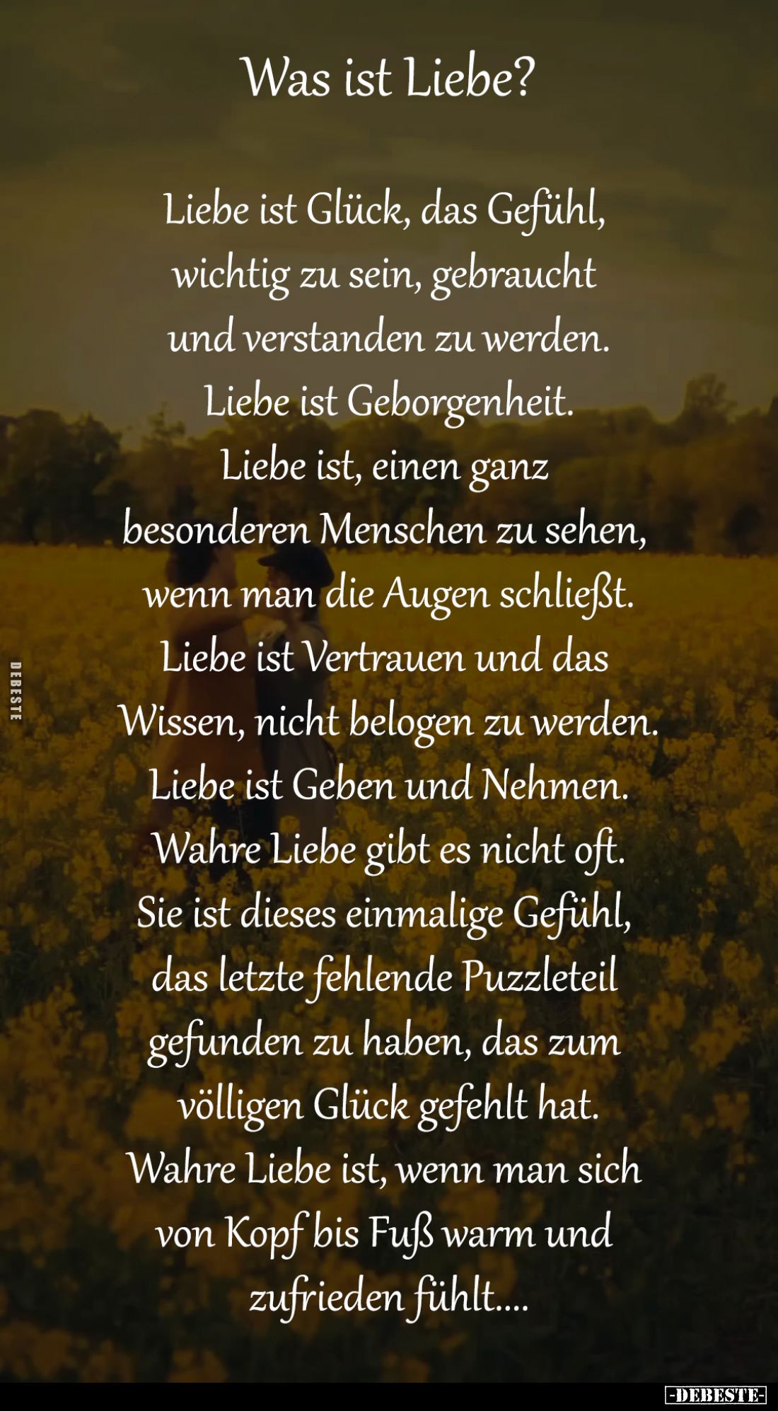 Was ist Liebe?
Liebe ist Glück, das Gefühl,
wichtig zu sein, gebraucht
und verstanden zu werden.
Liebe ist Geborgenhe...