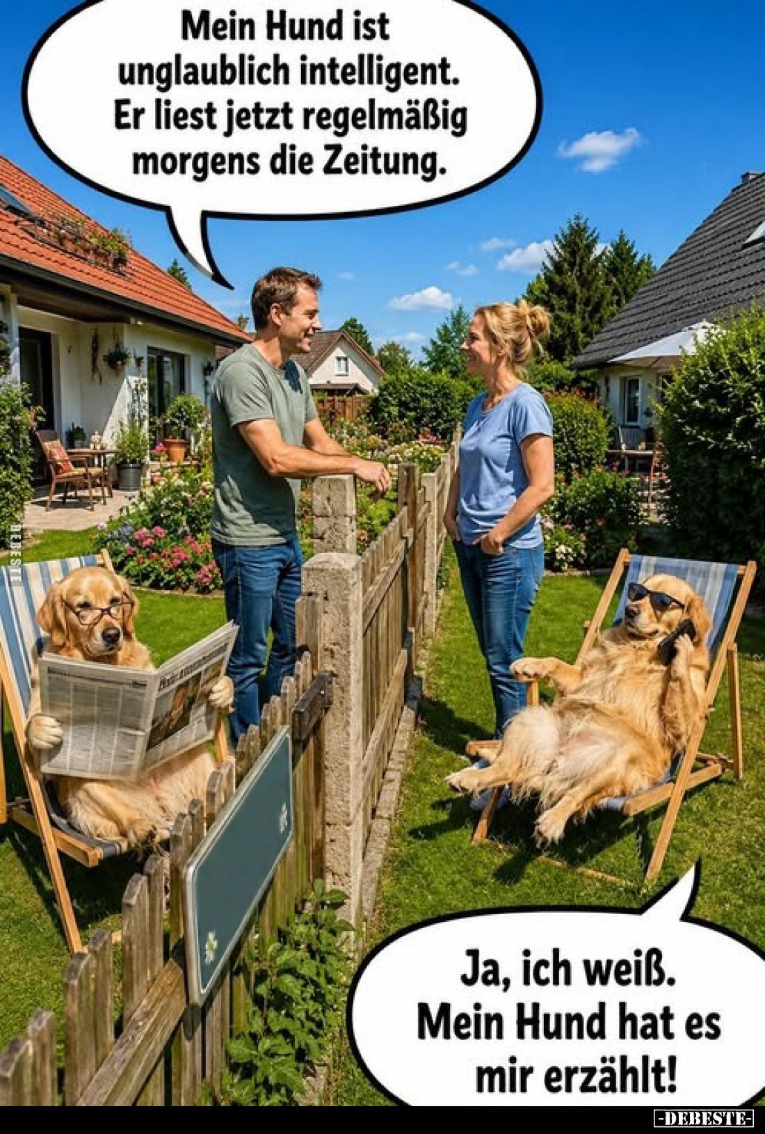 Mein Hund ist unglaublich intelligent. Er liest jetzt regelmäßig morgens die Zeitung.
Ja, ich weiß. Mein Hund hat es mir erz...