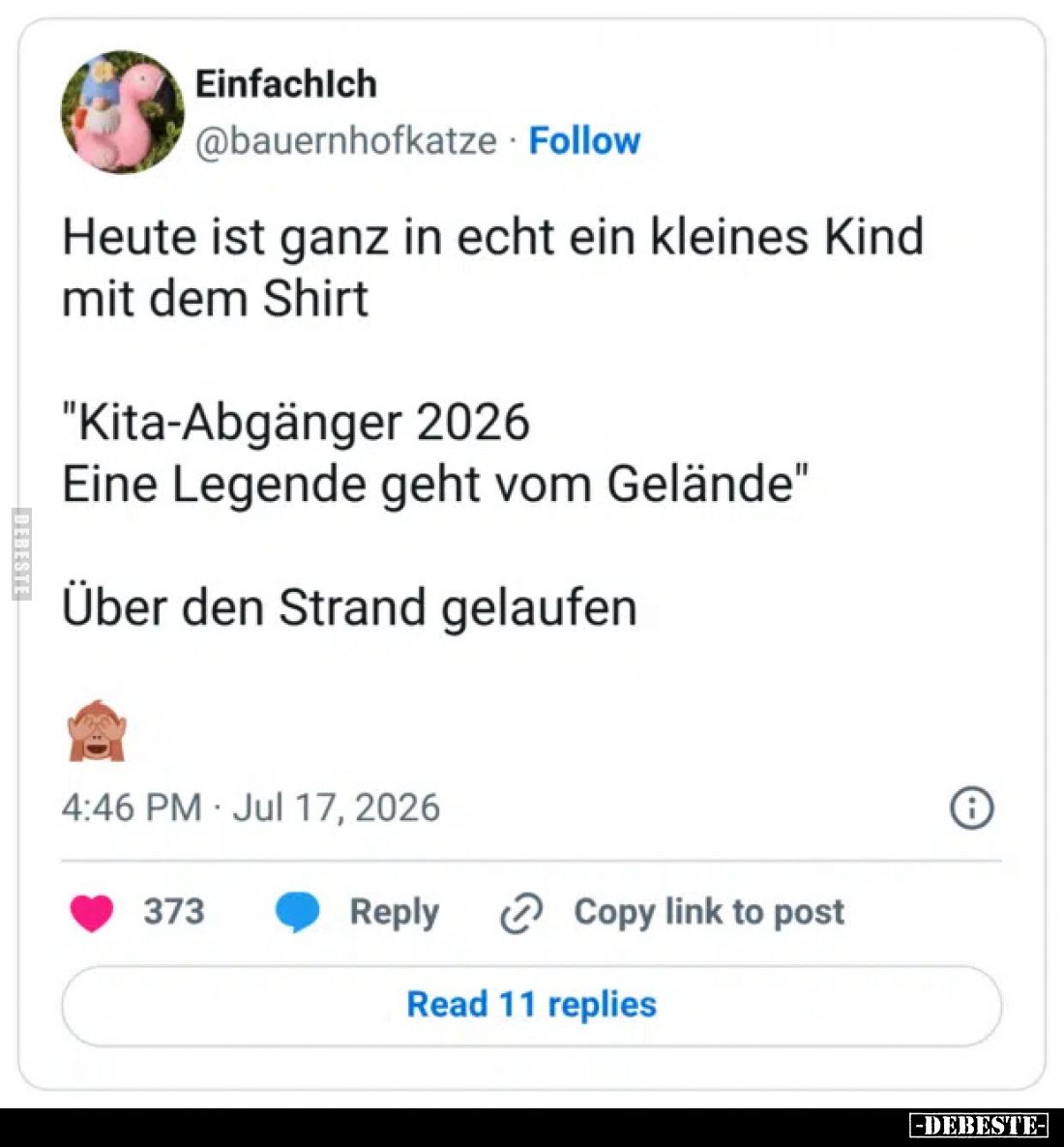 Heute ist ganz in echt ein kleines Kind mit dem Shirt
"Kita-Abgänger 2026
Eine Legende geht vom Gelände"
Über de...