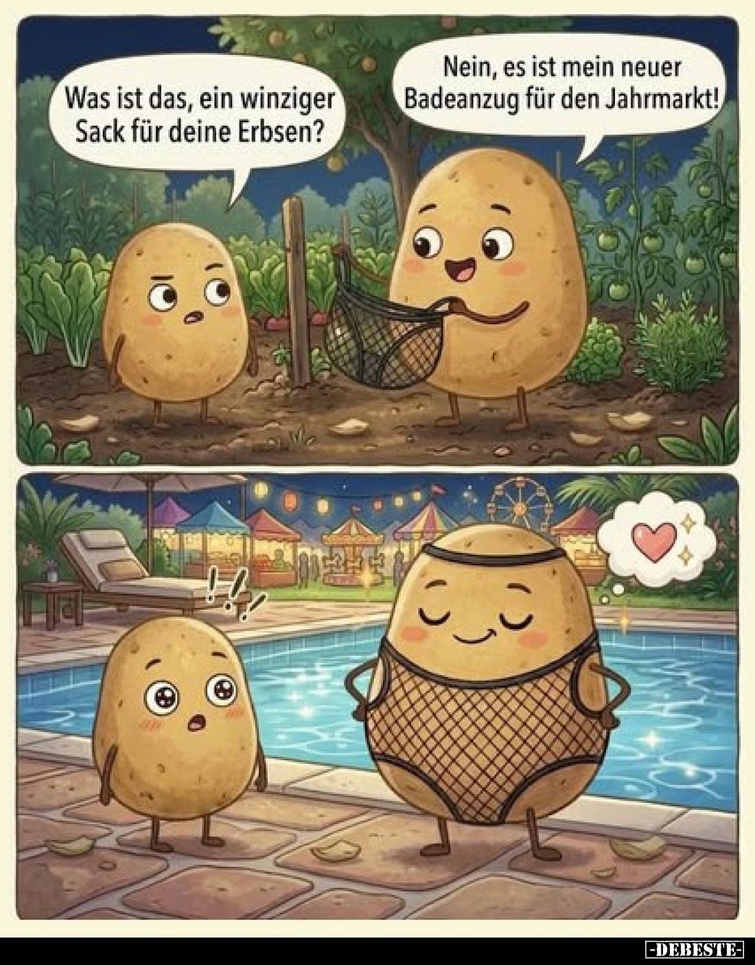 Was ist das, ein winziger Sack für deine Erbsen?
-
Nein, es ist mein neuer Badeanzug für den Jahrmarkt!