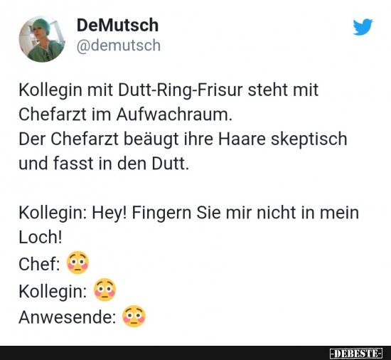 Kollegin mit Dutt-Ring-Frisur steht mit Chefarzt im Aufwachraum...  - Lustige Bilder | DEBESTE.de