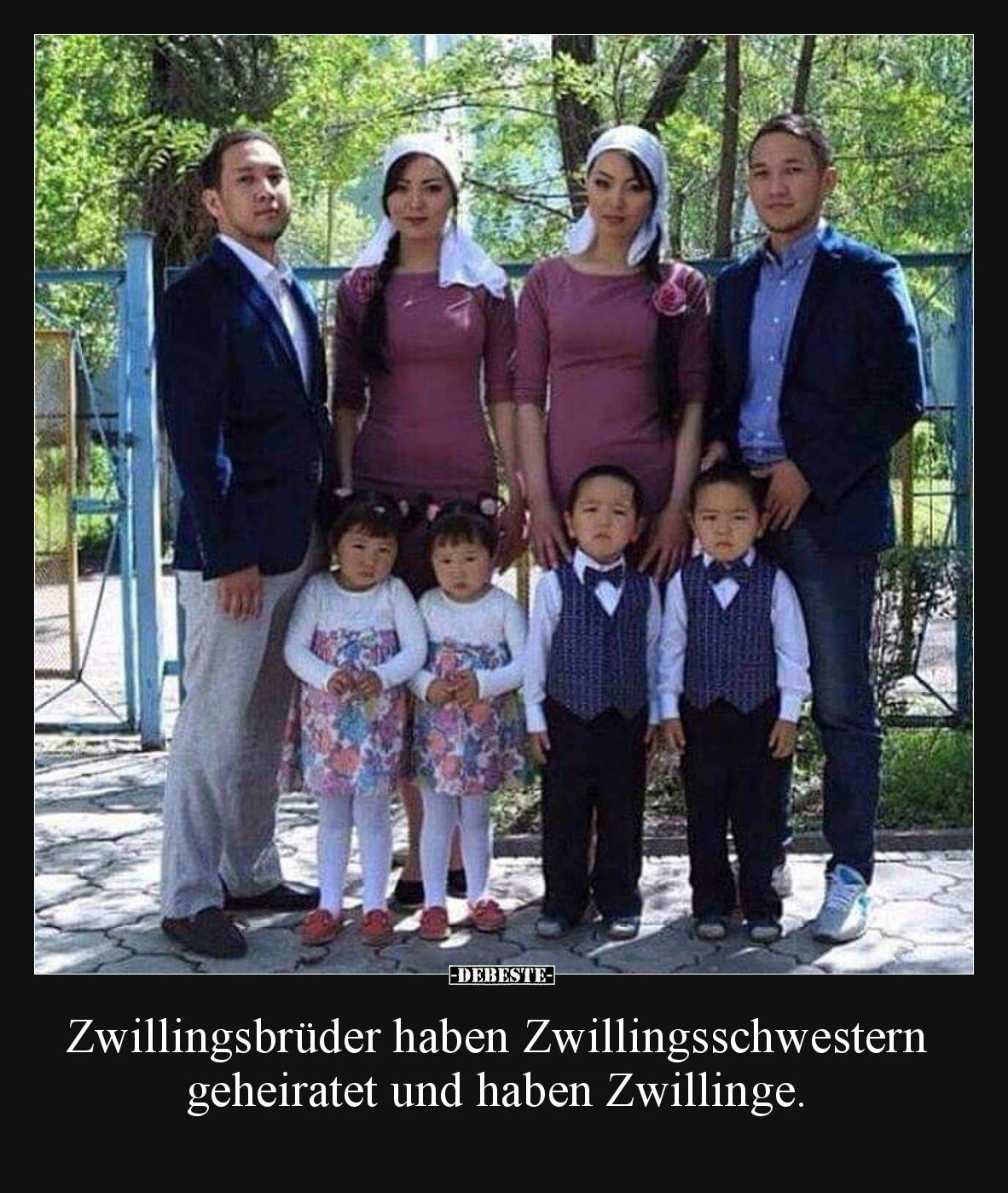 Zwillingsbrüder haben Zwillingsschwestern geheiratet und haben Zwillinge.