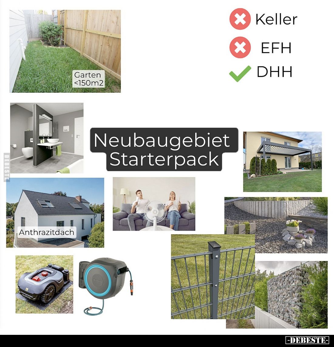 Neubaugebiet Starterpack:
Keller,
EFH,
DHH,
Garten <150m2,
Anthrazitdach